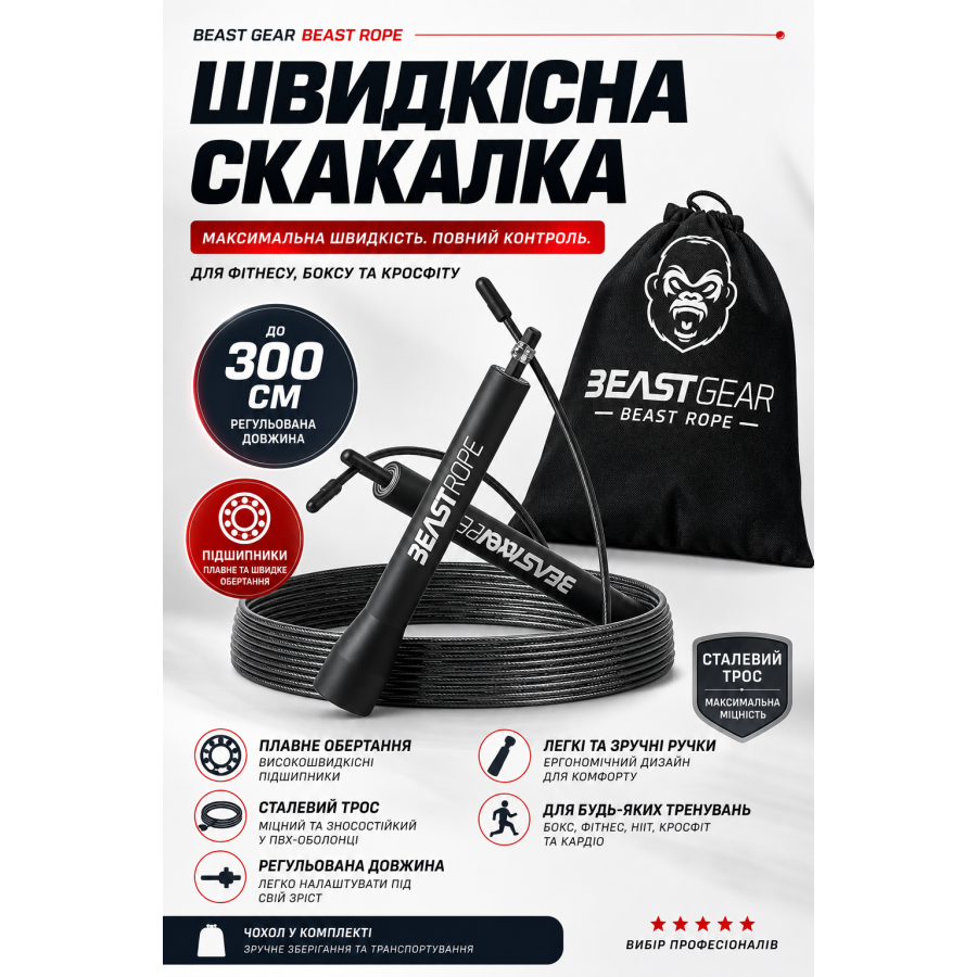Скакалка скоростная Beast Gear Beast Rope со стальным тросом 300 см Черная