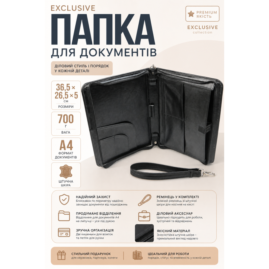 Папка для документов Exclusive 710300 из искусственной кожи Черная