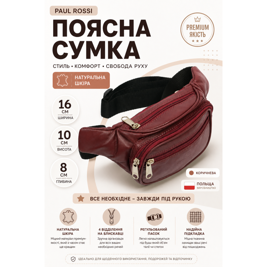 Сумка поясная Paul Rossi 908-N кожаная 16х10х8 см Коричневая