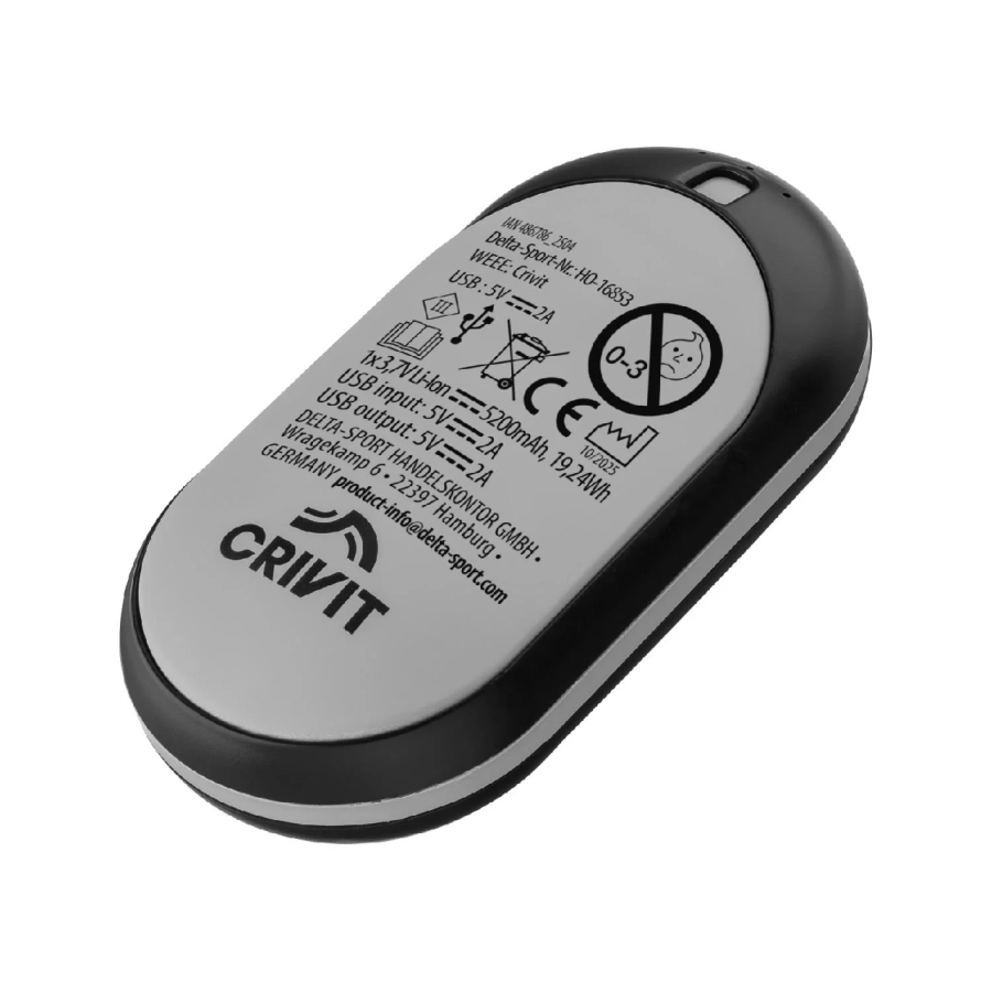 Грелка для рук Crivit 2-в-1 павербанк 5200 мАч до 47°C USB-C 10.5х5.4х3.3 см Серая