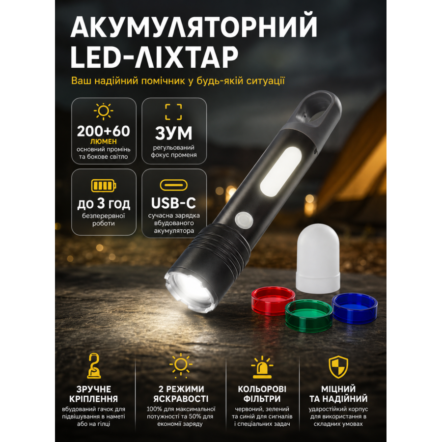 Аккумуляторный LED-фонарь ZD Trading 200+60 лм USB-C с фокусом и цветными фильтрами