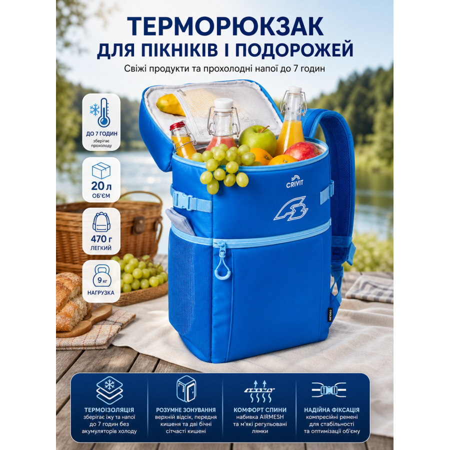 Терморюкзак Rocktrail 20 л для пикника и доставки 25x47x17 см полиэстер Голубой