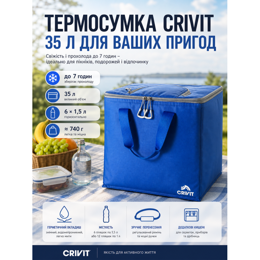 Термосумка CRIVIT 35 л большая сумка-холодильник 43x33.5x27 см текстиль Синяя