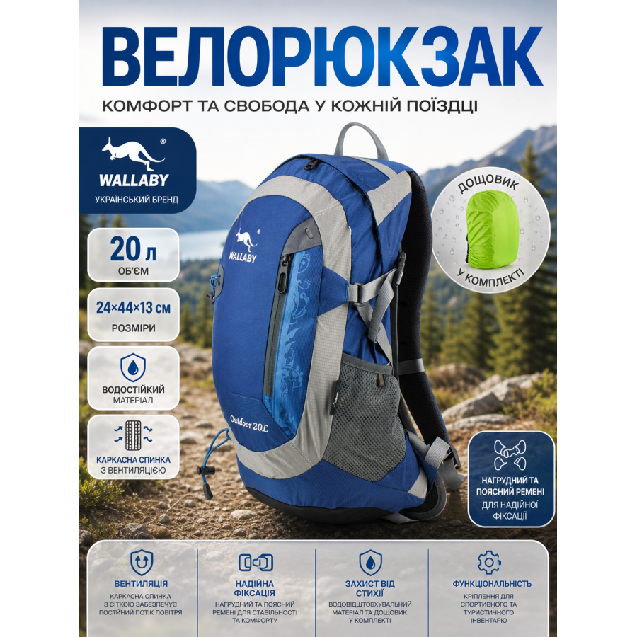 Велорюкзак Wallaby с каркасной спинкой и сеткой 20 л 24х44х13 см полиэстер Синий