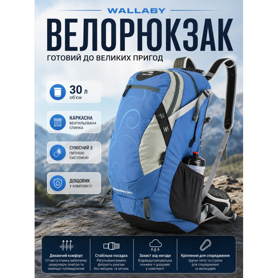 Велорюкзак Wallaby с каркасной спинкой и сеткой 30 л 27х52х17 см полиэстер Синий