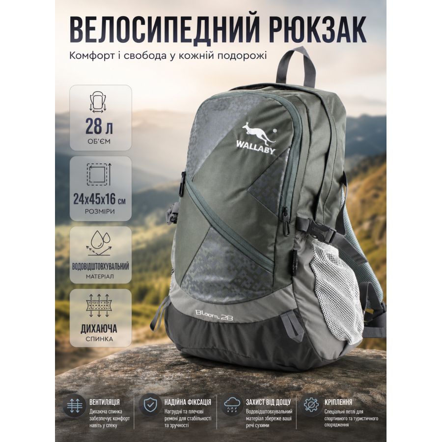 Рюкзак Wallaby Bloom 28 велосипедный с дышащей спинкой 28 л 24х45х16 см Серый