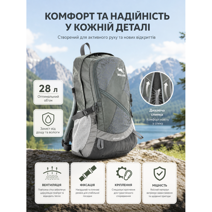 Рюкзак Wallaby Bloom 28 велосипедный с дышащей спинкой 28 л 24х45х16 см Серый