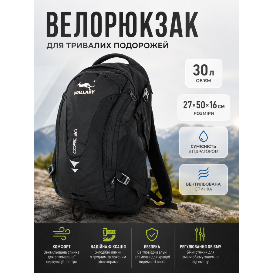 Рюкзак велосипедный Wallaby с вентилируемой спинкой 30 л 27х50х16 см полиэстер Черный