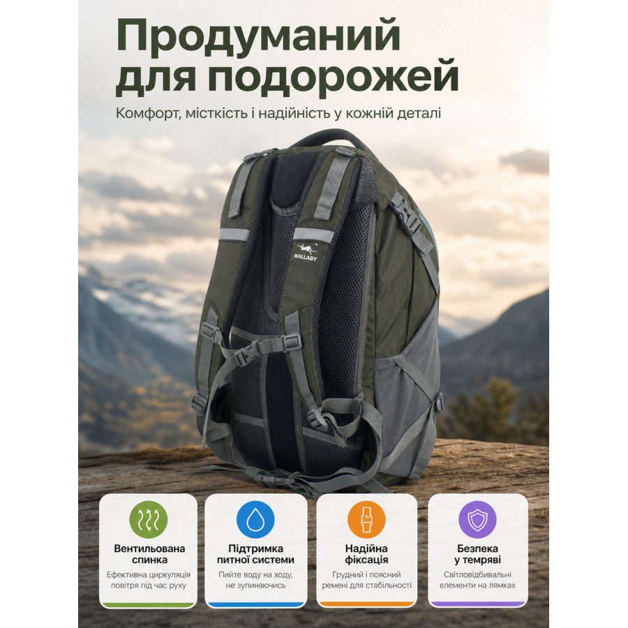 Рюкзак велосипедный Wallaby с вентилируемой спинкой 30 л 27х50х16 см полиэстер Серый