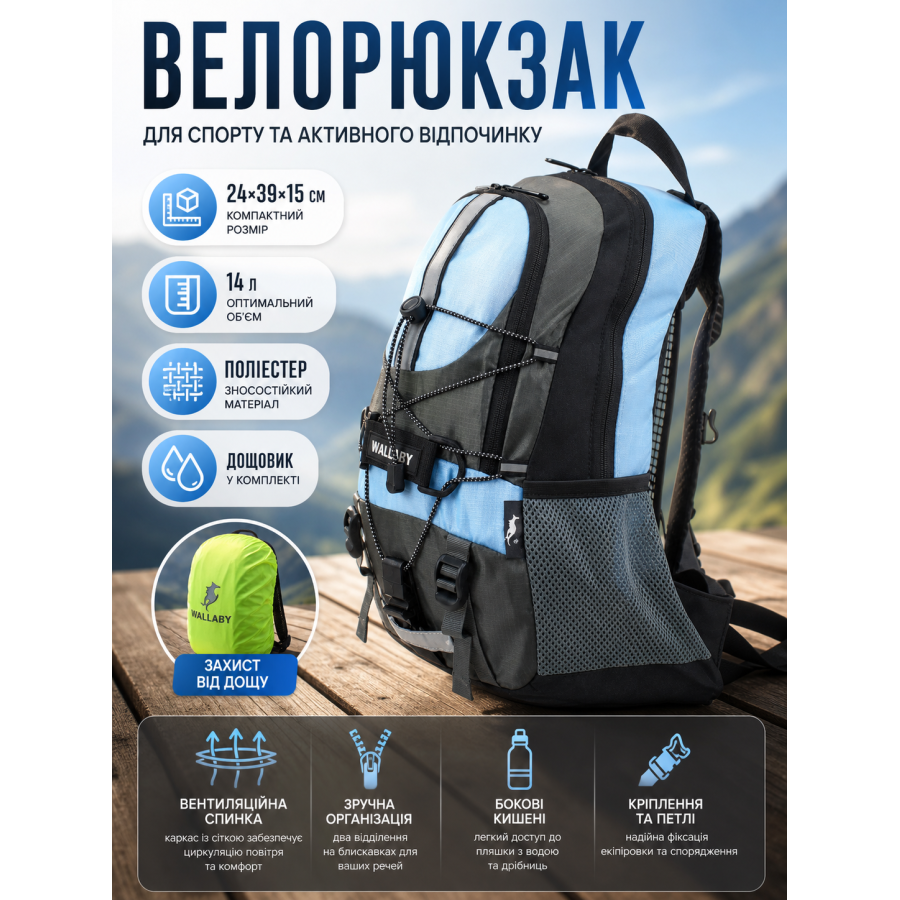 Велорюкзак Wallaby с каркасной спинкой и сеткой 14 л 24х39х15 см полиэстер Голубой