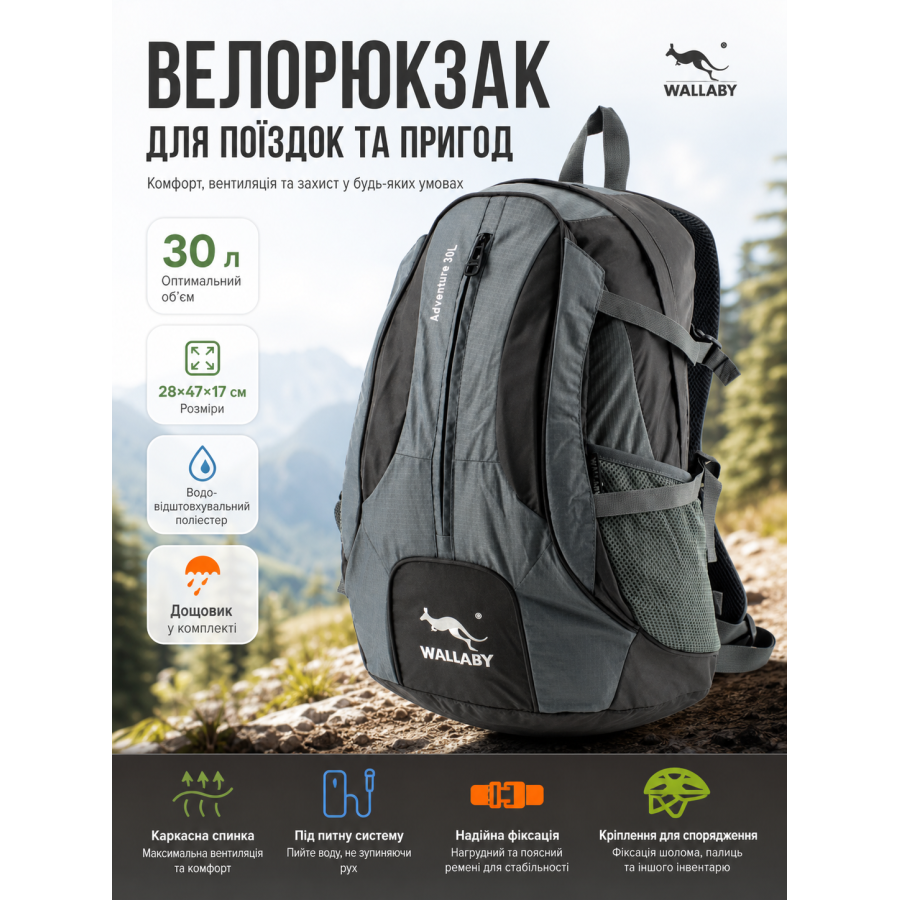 Велорюкзак Wallaby с каркасной спинкой и сеткой 30 л 28х47х17 см полиэстер Серый