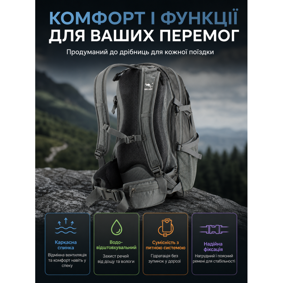 Велорюкзак Wallaby с каркасной спинкой и сеткой 30 л 28х47х17 см полиэстер Серый