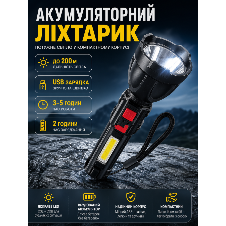 Фонарь ручной S830USB 200 Lm OSL+COB USB-C пластик Black