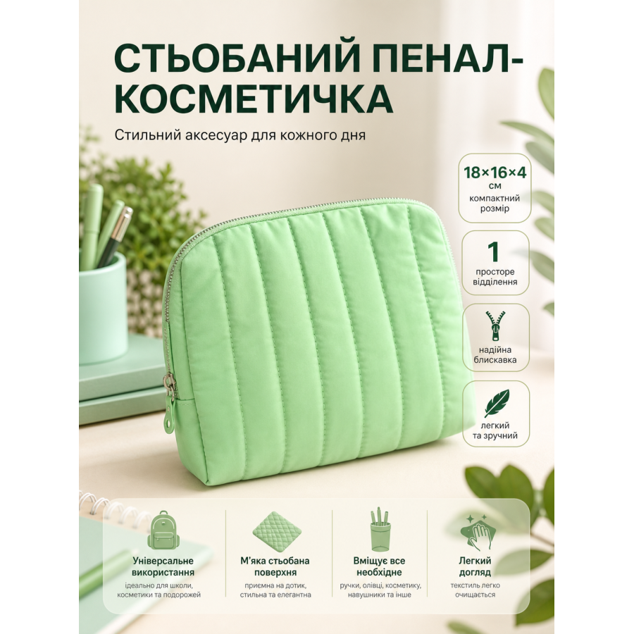 Пенал-косметичка стеганый 18x16x4 см текстиль Мятный
