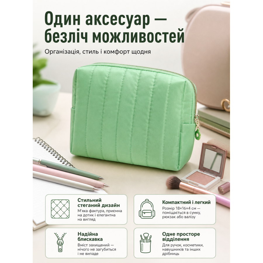 Пенал-косметичка стеганый 18x16x4 см текстиль Мятный