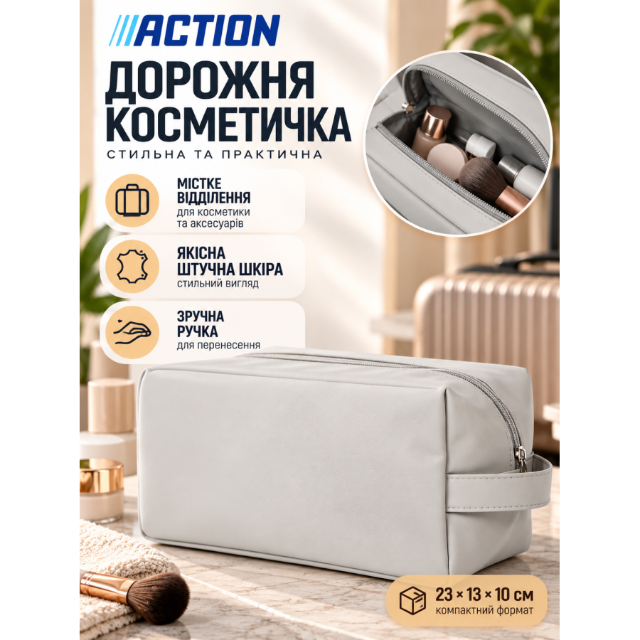 Дорожная косметичка Action 3216022 искусственная кожа 23×13×10 см Серая
