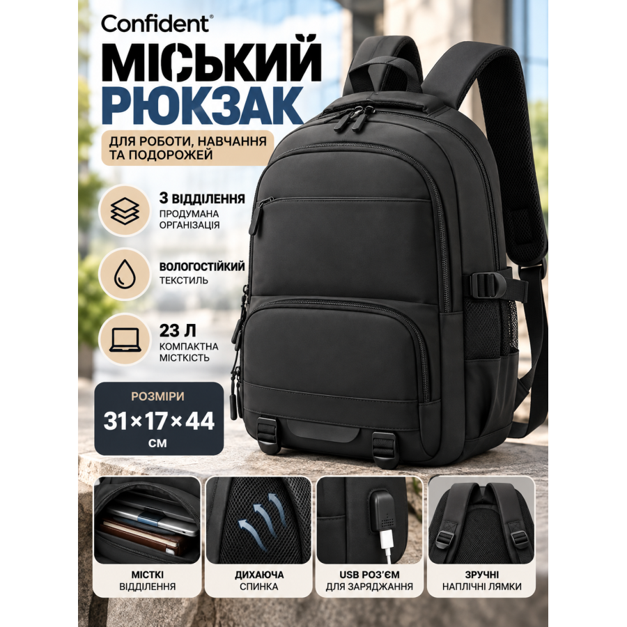 Городской рюкзак Confident ANT02-6656A нейлон 23 л 31×17×44 см Черный