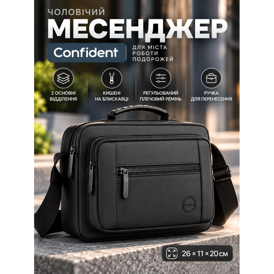 Мужской мессенджер Confident SAT08-1252A текстиль 26×11×20 см Черный