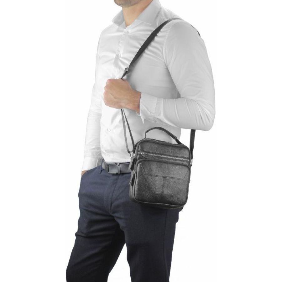 Сумка мужская кожаная Tiding Bag через плечо Черная
