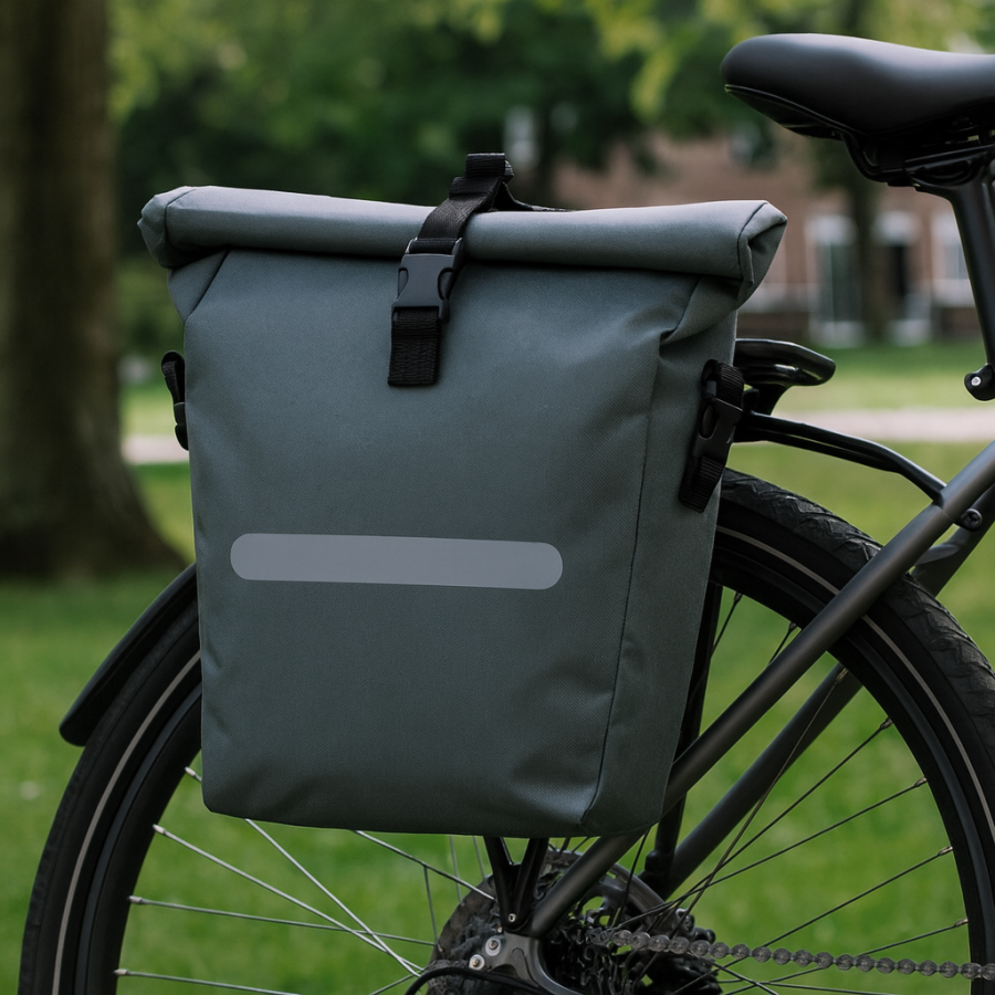 Велосумка вертикальная на багажник Bikemate 22 л, серая, с дождевиком, влагозащищенная
