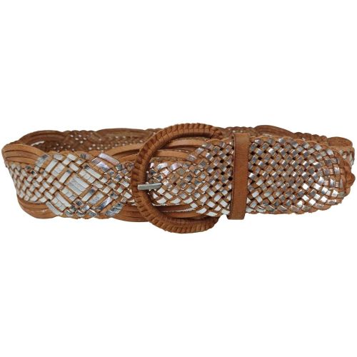 Ремень плетеный женский Vanzetti RMT201 натуральная кожа 5-6 см Коричневый с серебристым