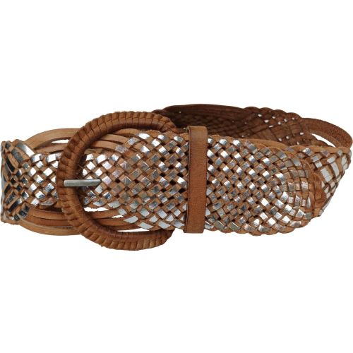 Ремень плетеный женский Vanzetti RMT201 натуральная кожа 5-6 см Коричневый с серебристым