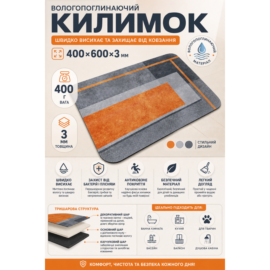 Коврик влагопоглощающий диатомитовый 400х600х3 мм