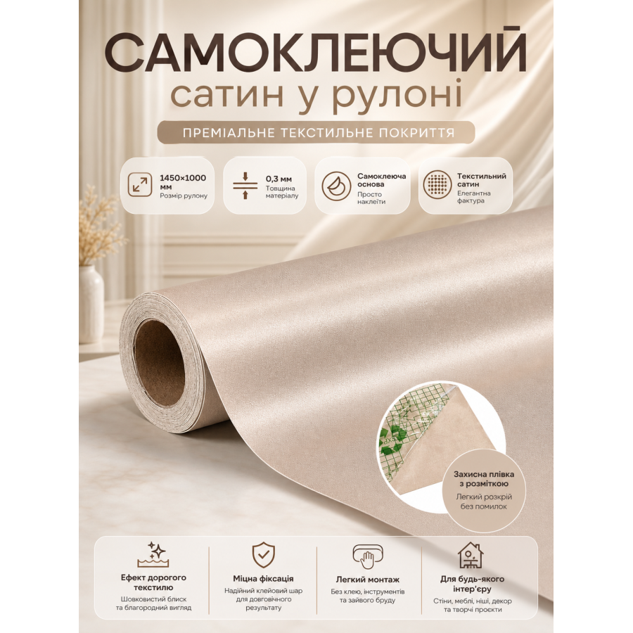 Сатин самоклеящийся в рулоне текстильный 1450x1000x0.3 мм Бежевый (D) SW-00002910