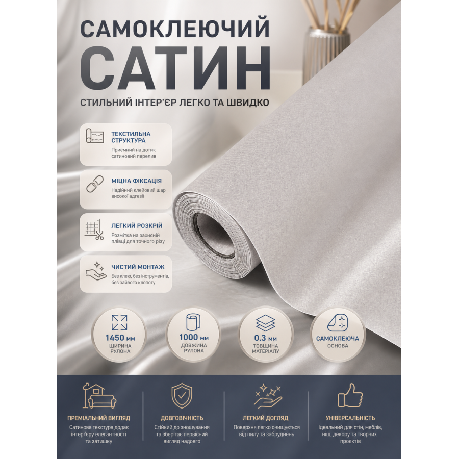 Сатин самоклеящийся в рулоне текстильный 1450x1000x0.3 мм Светло-серый (D) SW-00002912