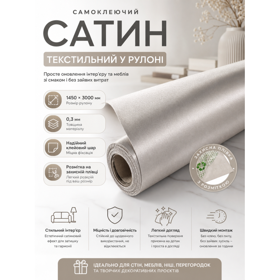 Сатин самоклеящийся в рулоне текстильный 1450x3000x0.3 мм Светло-серый (D) SW-00002913
