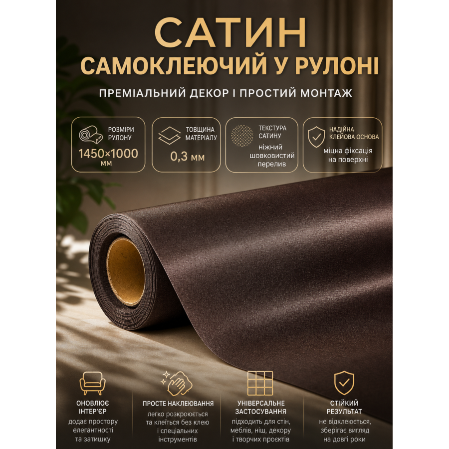 Сатин самоклеящийся в рулоне текстильный 1450x1000x0.3 мм Тёмно-коричневый (D) SW-00002914