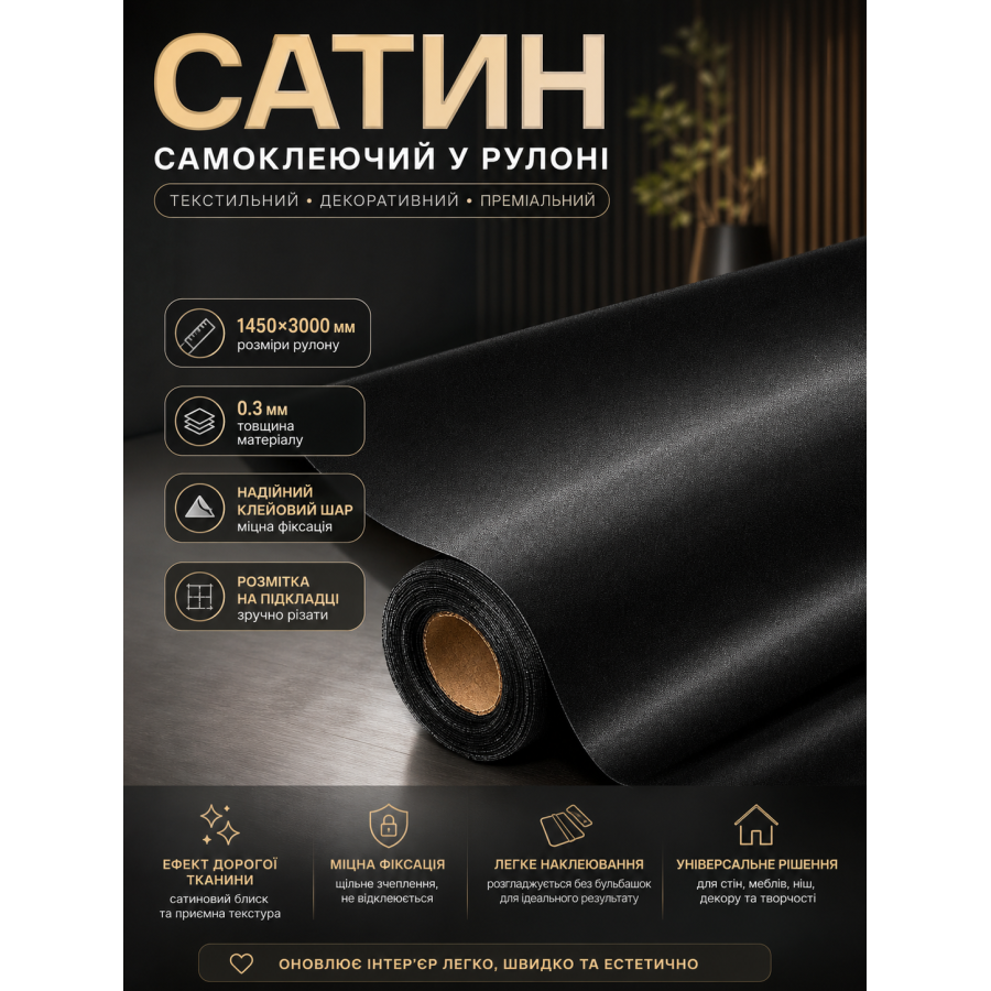 Сатин самоклеящийся в рулоне текстильный 1450x3000x0.3 мм Чёрный (D) SW-00002916