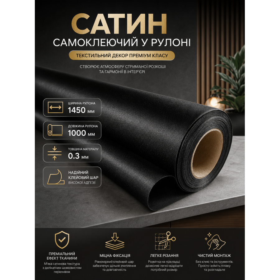 Сатин самоклеящийся в рулоне текстильный 1450x1000x0.3 мм Чёрный (D) SW-00002917