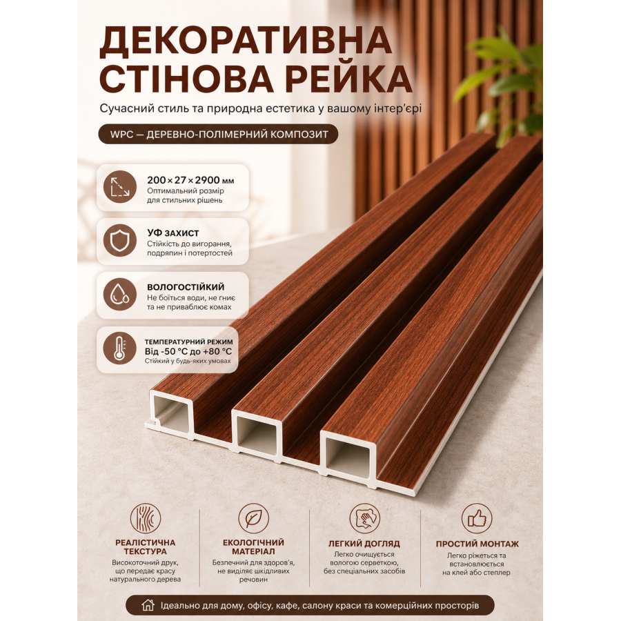Рейка декоративная стеновая WPC из древесно-полимерного композита 200х27х2900мм SW-00003003