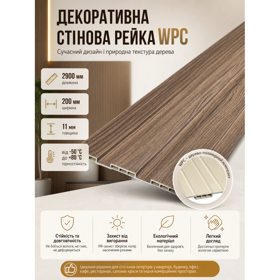 Рейка декоративная стеновая WPC из древесно-полимерного композита 200х11х2900мм SW-00003007