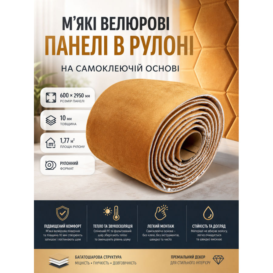 Панели велюровые самоклеящиеся 600x2950x10 мм 1.77 м² ворс полиэстер SW-00003323