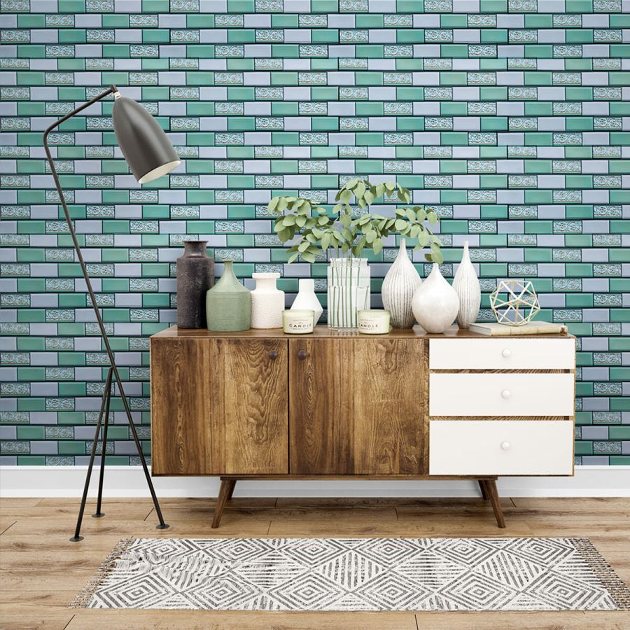 Декоративная ПВХ панель кирпич зеленый орнамент Sticker Wall SW-00001429 960х480х4мм