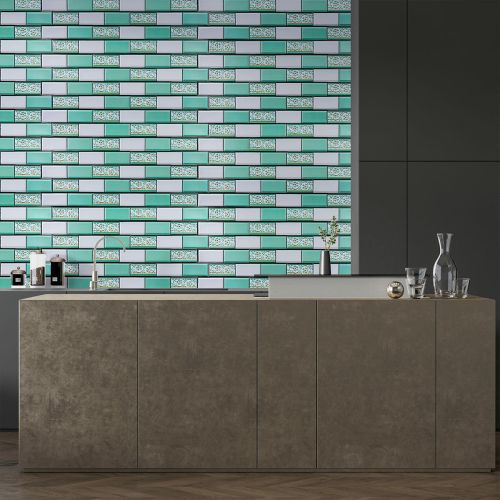 Декоративная ПВХ панель кирпич зеленый орнамент Sticker Wall SW-00001429 960х480х4мм