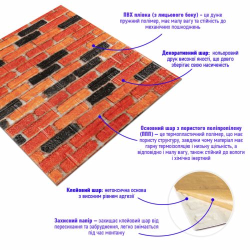 Самоклеющаяся декоративная 3D панель под бежево-коричневый матовый кирпич екатеринослав 700x770x5мм (047M)