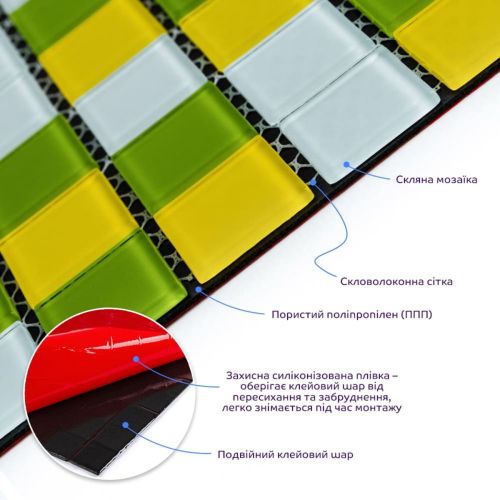 Мозаика из декоративного стекла желто-зелёная 298х298х4,5мм SW-00002362