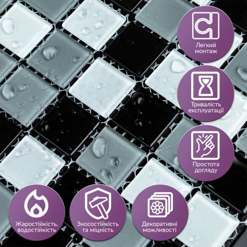 Мозаика из декоративного стекла чёрно-серая 298х298х4,5мм SW-00002369