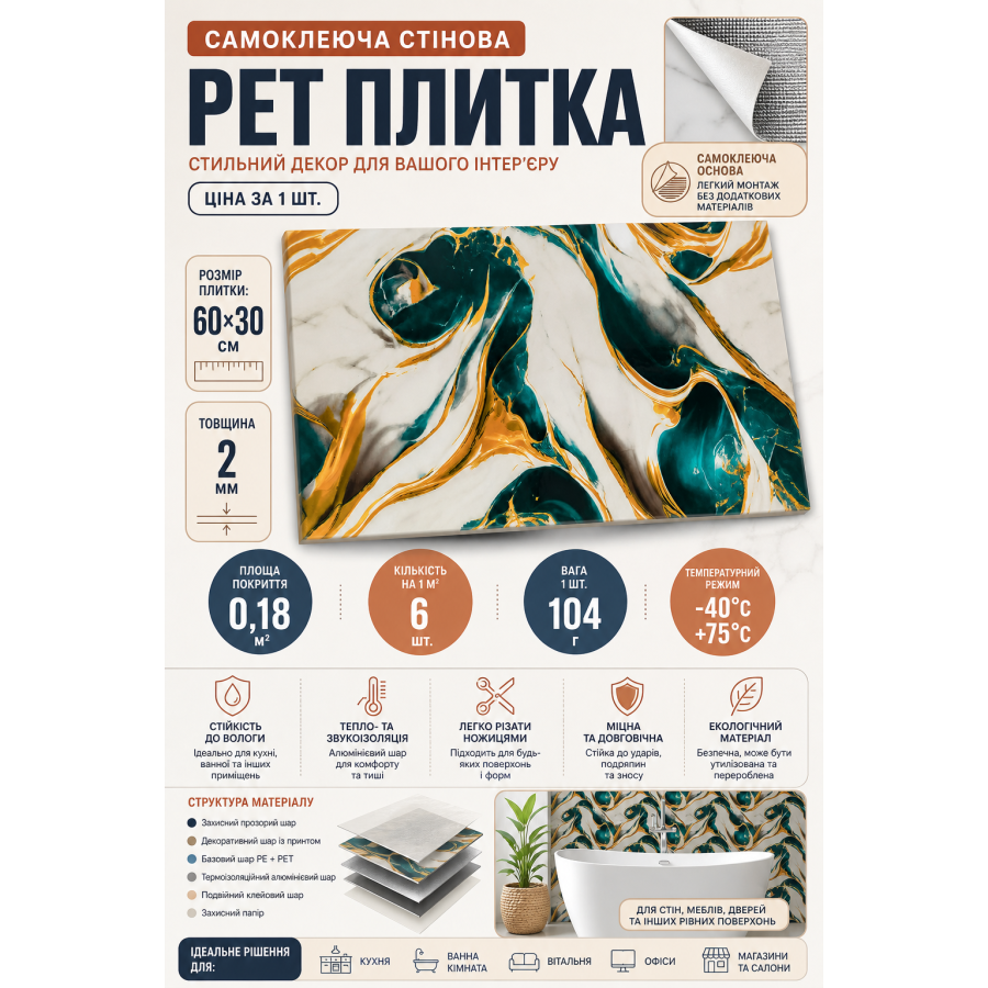 Плитка стеновая самоклеящаяся PET 600х300х2 мм 1 шт. (PET-2647)