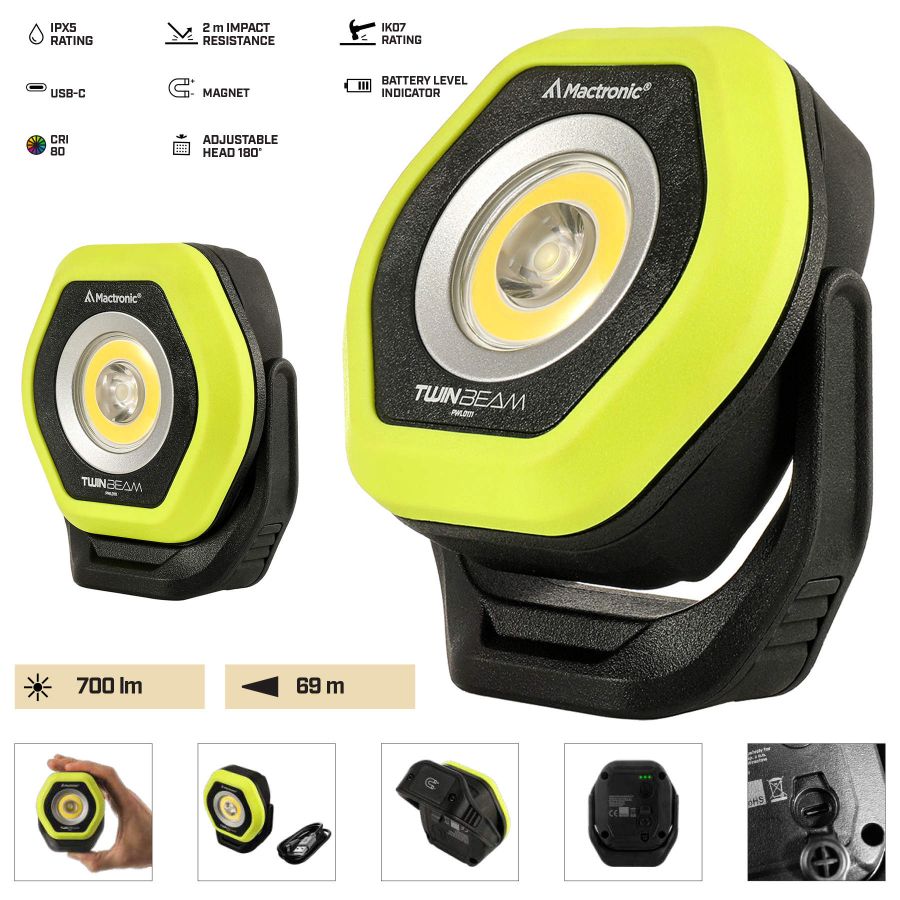 Фонарь профессиональный Mactronic Twin Beam 700 Lm CRI80 Magnetic Type-C Черный