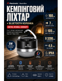 Фонарь кемпинговый Mactronic BeamBox 160 Lm с Bluetooth колонкой USB-C Черный