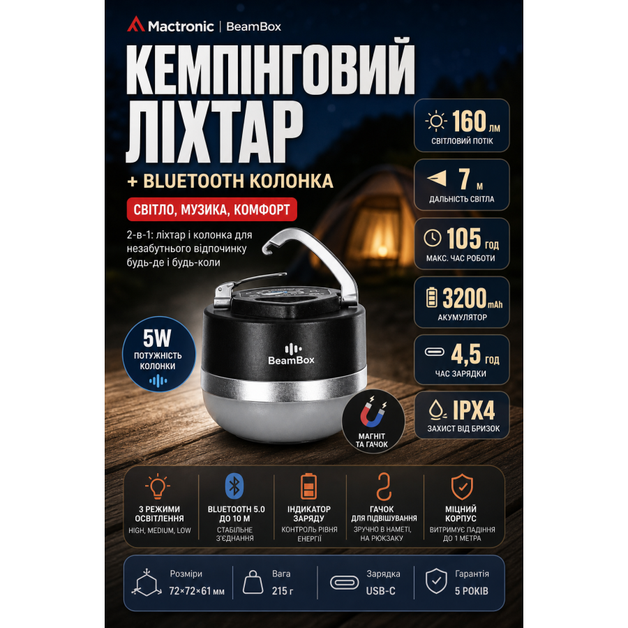 Фонарь кемпинговый Mactronic BeamBox 160 Lm с Bluetooth колонкой USB-C Черный