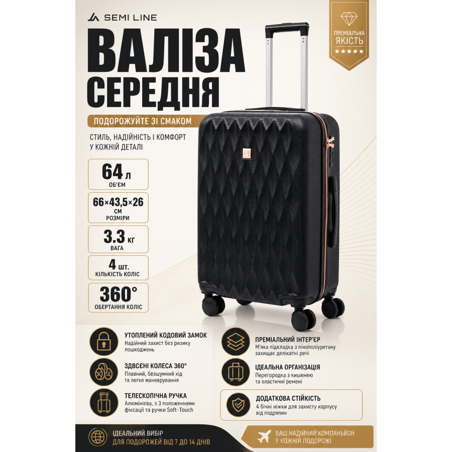 Чемодан средний Semi Line T5722-3 24 дюйма 64 л Чёрный