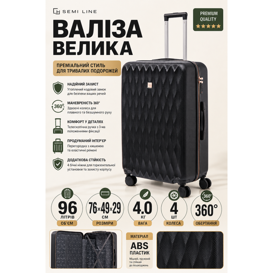 Чемодан большой Semi Line T5722-4 28 дюймов 96 л Чёрный