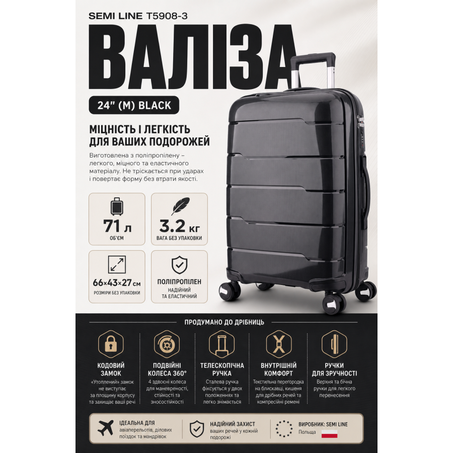 Чемодан средний Semi Line T5908-3 полипропилен 24 дюйма 71 л Черный