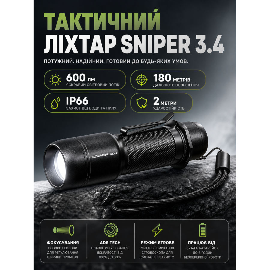 Фонарь тактический Mactronic Sniper 3.4 THH0012 с фокусировкой 600 Lm 110x33x33 мм Черный