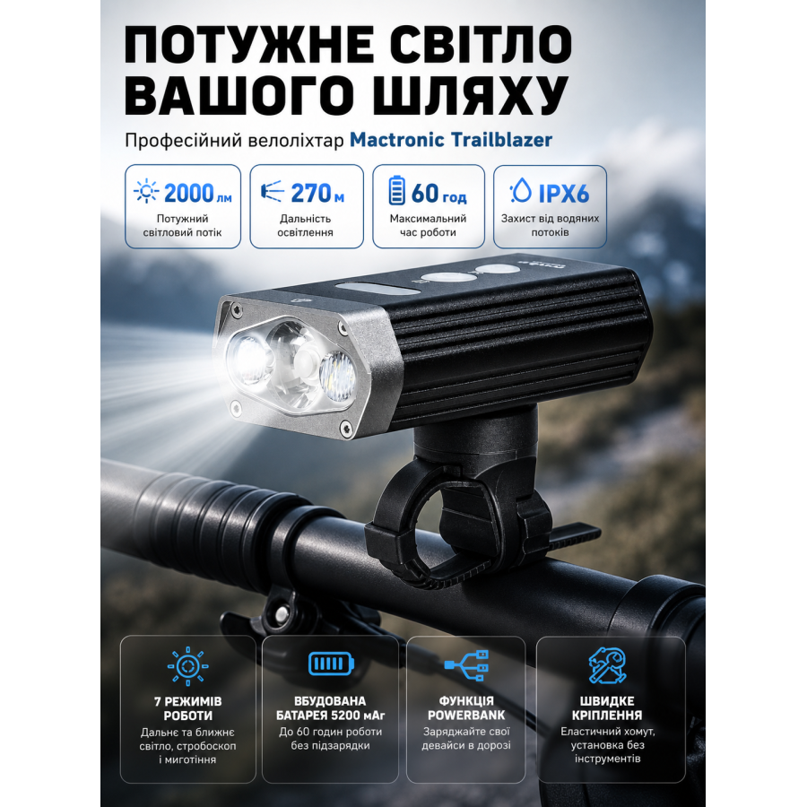 Фонарь велосипедный передний Mactronic Trailblazer ABF0163 2000 Lm 106x50x28 мм Черный